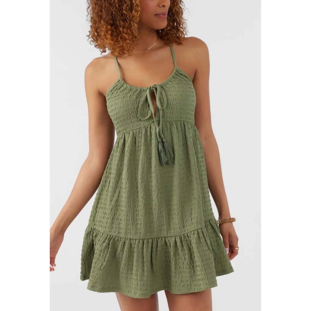 O'Neill Women Olive Green Textured Crinkle Babydoll Mini Dress Tassel Racerback